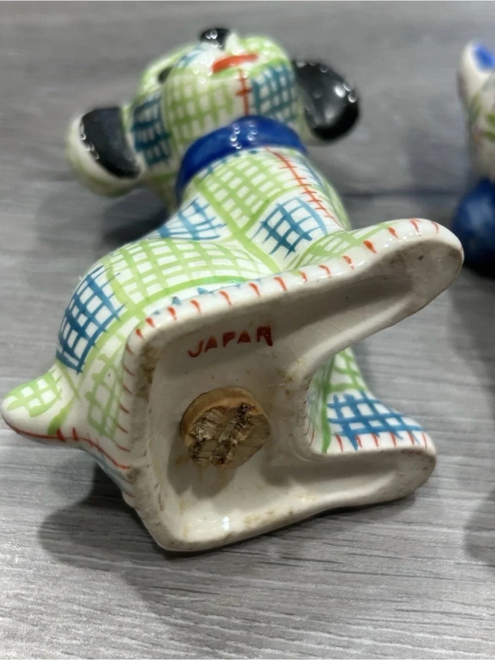 Vintage Mid Century Ceramic Dog & Cat Salt Pepper Shaker Set Japan Plaid Floral